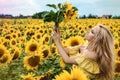 Beautiful young woman in a field of sunflowers in a yellow dress Royalty Free Stock Photo