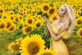 Beautiful young woman in a field of sunflowers in a yellow dress