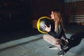 Beautiful young woman in fitness center doing pilates exercise with fitness ball. Healthy lifestyle concept. Royalty Free Stock Photo