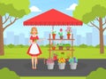 Beautiful Young Woman Florist in Apron Selling Bouquets of Flowers at Street Market Kiosk or Stand Flat Vector Royalty Free Stock Photo