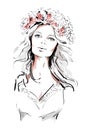 Beautiful young woman with flowers wreath in long hair. Hand drawn woman portrait. Sketch. Royalty Free Stock Photo