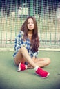 Beautiful young woman on the football field Royalty Free Stock Photo