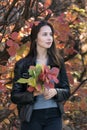 Beautiful young woman in forest. Portrait of brunette girl with autumn leaves in her hands. Vertical frame Royalty Free Stock Photo