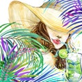 Beautiful young woman with fruit cocktail and tropical leaves background. Girl and beach cocktail party. cocktail party poster Royalty Free Stock Photo