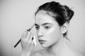 Beautiful young woman getting eyebrow make-up. The artist is applying eyeshadow on her eyebrow with brush. Young model Royalty Free Stock Photo