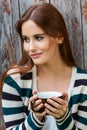 Beautiful Young Woman Girl Drinking Tea or Coffee Royalty Free Stock Photo