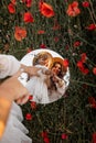 Beautiful young woman with girl in field with poppies, mother and daughter in white dresses and straw hats in evening at sunset,