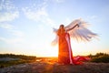 Beautiful young woman or girl in red dress and white wings on the sand on sunny day with blue sky. Angel model or dancer Royalty Free Stock Photo