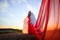 Beautiful young woman or girl in red dress and white wings on the sand on sunny day with blue sky. Angel model or dancer Royalty Free Stock Photo