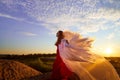 Beautiful young woman or girl in red dress and white wings on the sand on sunny day with blue sky. Angel model or dancer Royalty Free Stock Photo