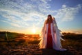 Beautiful young woman or girl in red dress and white wings on the sand on sunny day with blue sky. Angel model or dancer Royalty Free Stock Photo