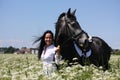 Beautiful young woman and gray horse portrait Royalty Free Stock Photo