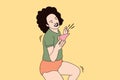 Illustrations of Beautiful young woman happy eating a pizza