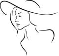 Beautiful young woman with hat illustration profile - black line vector