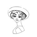 Beautiful young woman in hat. Retro lady model. Vintage vector fashion portrait isolated on white. Black and white hand Royalty Free Stock Photo