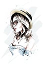 Beautiful young woman in hat. Stylish hand drawn woman in sunglasses. Fashion lady. Royalty Free Stock Photo