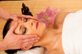 Beautiful young woman having a face massage in wellness studio - Royalty Free Stock Photo