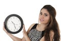 Beautiful young woman holding big round clock time Royalty Free Stock Photo