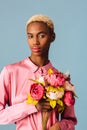 Beautiful young woman holding bouquet of pink and white peony flowers Royalty Free Stock Photo