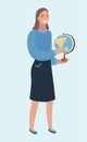 Beautiful young woman holding globe in hands, detailed flat style vector illustration isolated on stylish blue background Royalty Free Stock Photo