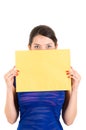 Beautiful young woman holding yellow blank sign Royalty Free Stock Photo