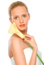 Beautiful young woman holding yellow calla lily Royalty Free Stock Photo