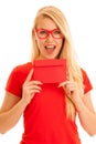 Beautiful young woman holds red envelope - a love letter for va Royalty Free Stock Photo