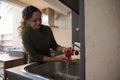 Beautiful young woman housewife washing fresh tomatoes under running water, preparing healthy meal in the home kitchen Royalty Free Stock Photo