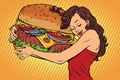 Beautiful young woman hugging Burger Royalty Free Stock Photo