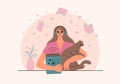 Beautiful young woman illustration holding a cat.