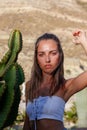 Beautiful young woman with intense gaze and honey-colored eyes Royalty Free Stock Photo