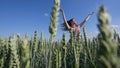 Beautiful Young Woman jumping on green wheat field on blue sky background Royalty Free Stock Photo