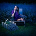 Beautiful young woman on lavander field at dusk - lavanda girl