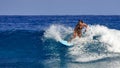 Beautiful young woman learns to stand on a surfboard. Surfer school. Woman in swimsuit in hot summer day. Surfer on the