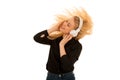 Beautiful young woman listens to the music on headphones and dan Royalty Free Stock Photo