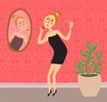 Beautiful young woman in a little black dress paints lips near the mirror Royalty Free Stock Photo
