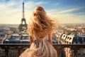 Beautiful young woman with long curly blonde hair on the roof of the Eiffel tower in Paris, France, Once in Paris. Back slim chic Royalty Free Stock Photo