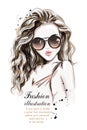 Beautiful young woman with long hair. Stylish hand drawn girl in sunglasses. Royalty Free Stock Photo