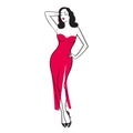 Beautiful young woman in a long red dress isolated on a white background. Pin up model. Stock vector illustration. Royalty Free Stock Photo