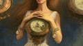 Beautiful young woman with long red hair and a crown on her head is holding antique clocks. Generative AI