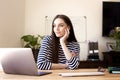 Beautiful young woman looking out the window and thinking while sitting at desk behind her laptop and working Royalty Free Stock Photo