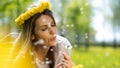 Beautiful Young Woman lying on the field in green grass and blowing dandelion. Royalty Free Stock Photo