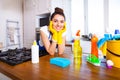 Beautiful young woman makes cleaning the house. Girl cleaning kitchen. Set.