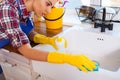 Beautiful young woman makes cleaning the house. Girl cleaning kitchen. Set.