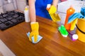 Beautiful young woman makes cleaning the house. Girl cleaning kitchen. Set.