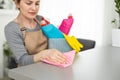 Beautiful young woman makes cleaning the house. Girl rubs dust Royalty Free Stock Photo