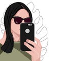 Beautiful young woman making selfie, sun-glasses, phone, green tropical leaves