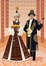 Beautiful young woman and man in Kazakh national costume with dombra and plate on the background of ornaments