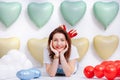 Beautiful young woman on many colorful heart balloons background. smiles,funny Valentine s Day birthday party Royalty Free Stock Photo