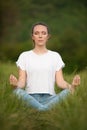 Beautiful young woman meditate on meadou na early summer evening Royalty Free Stock Photo